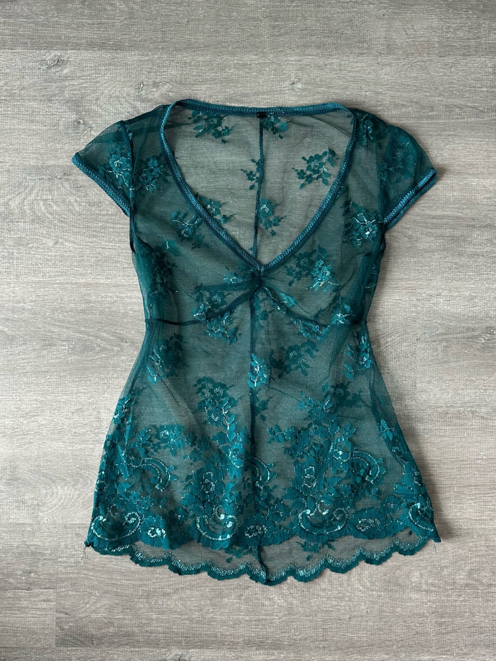 Vintage Y2K Teal Sheer Floral Lace V-Neck Blouse Fairycore